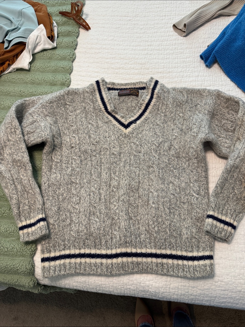 Vintage Cozy Cable V-Neck Sweater in Light Gray with Navy Trim - wool